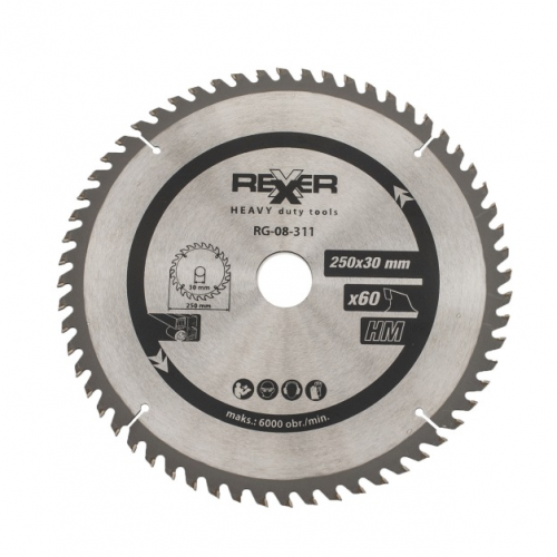 Циркулярен диск за дърво HM материал Rexxer RG-08-311 - 250 / 30 / 60 зъба