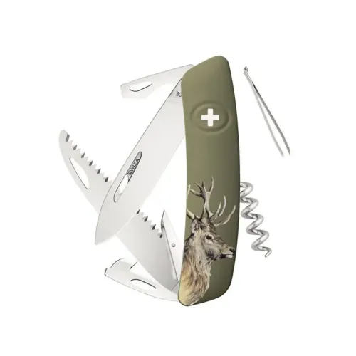 Швейцарско ножче SWIZA - D05 Hunting Deer Olive, 7.5см острие, 12x функции, зелено