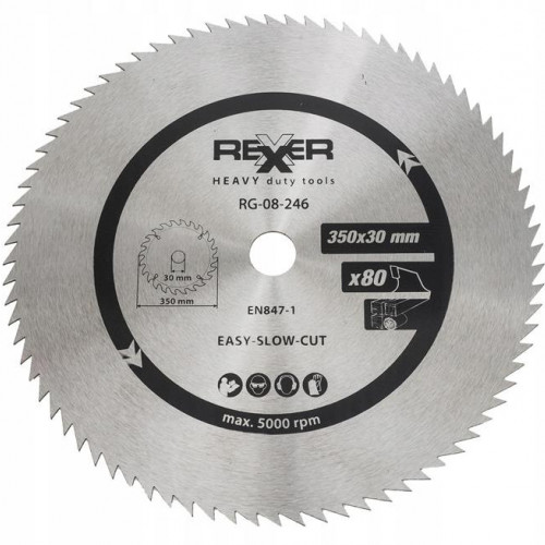 Циркулярен диск за дърво без видия  Rexxer RG-08-246,  Ø 350x30x80 зъба