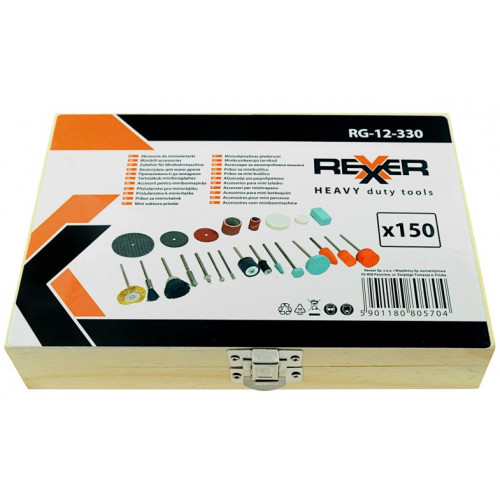 Комплект за рязане, гравиране и полиране Rexxer RG-12-330,  150 части, дървена кутия