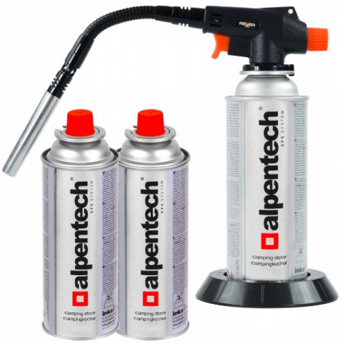 Комплект газова горелка + 3 бр. газ REXXER RB-04-116, 1300 W, 1300°C, регулиране на пламъка, гъвкава дюза