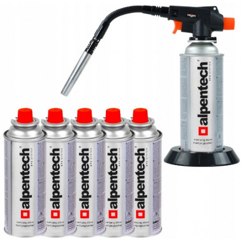 Комплект газова горелка + 6 бр. газ REXXER RB-04-117, 1300 W, 1300°C, регулиране на пламъка, гъвкава дюза