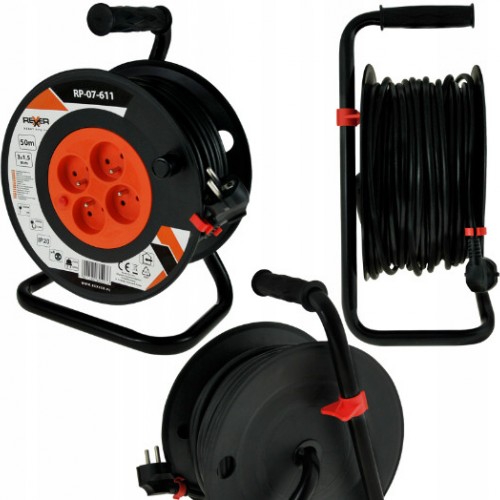Удължител на макара REXXER RP-07-611, 50 м, 3-жилен, 4 гнезда