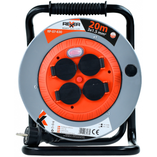 Удължител на метална макара REXXER RP-07-630, 20 м, 3x1.5 мм2, IP44, 4 гнезда